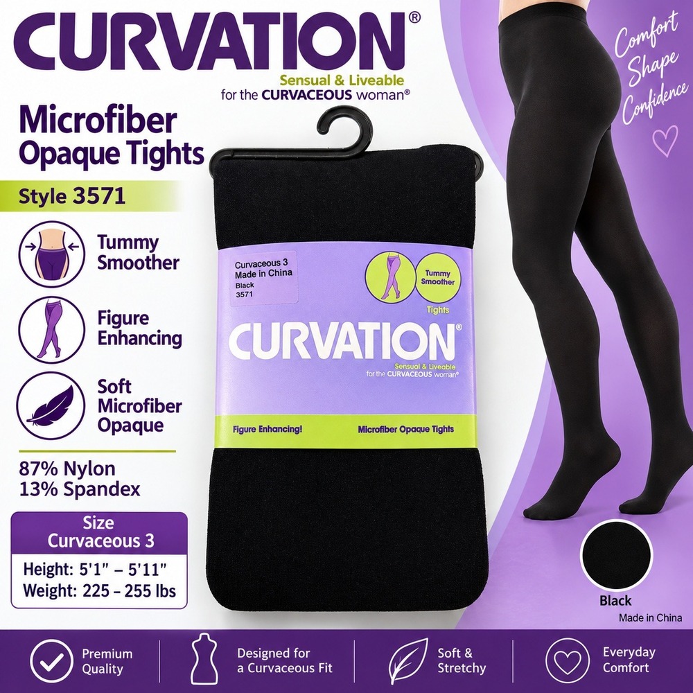 Curvation Black Microfiber Opaque Tights Style 3571 Curvaceous 3 Tummy Smoother